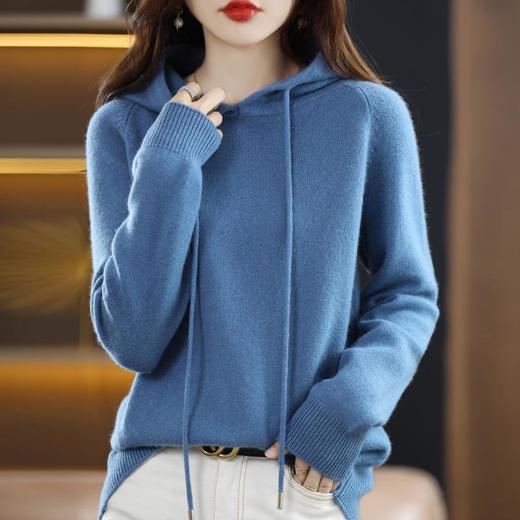 羊毛女士休闲宽松不规则加厚毛衫连帽纯色针织打底衫长袖毛衣 商品图0