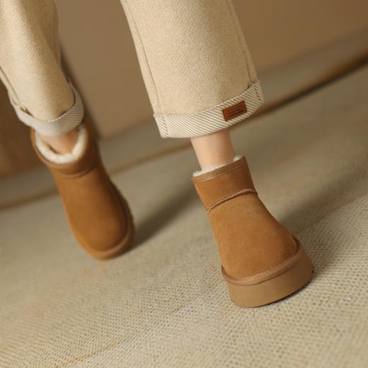 阿么手工女鞋真皮及踝雪地靴冬季保暖加绒2024新款一脚蹬厚底4CM 商品图5