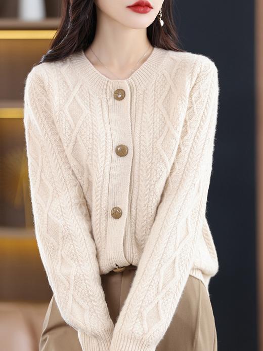 纯色针织开衫，新款韩版女士圆领长袖针织开衫女式外搭毛衣镂空QH-ZD-059 商品图3