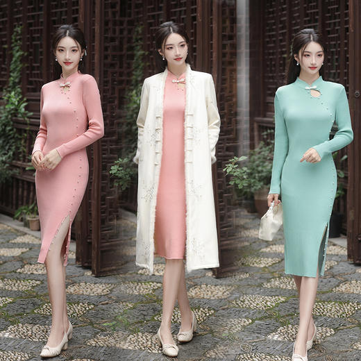 秋冬季新款，改良旗袍羊毛衫针织修身年轻款长款前开叉针织衫XL-009 商品图0