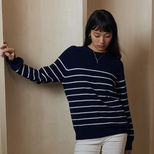 IN AND ON 100%绵羊毛 INS风条纹针织圆领毛衣53647 商品图2