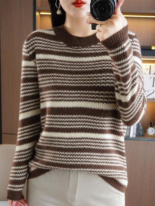2023秋冬新款圆领撞色条纹毛衣女时尚加厚针织打底衫上衣女外穿 商品图0