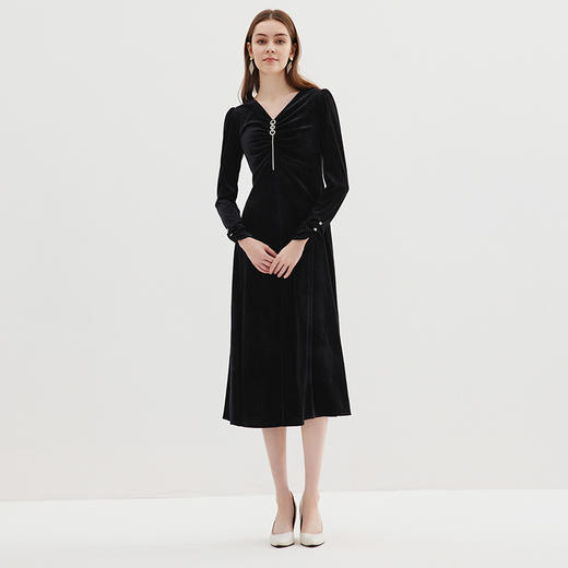 EITIE爱特爱秋季新款气质V领收腰显瘦A摆连衣裙C2307264 商品图1