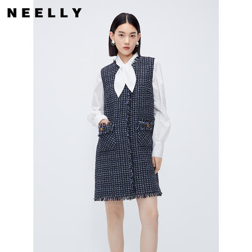 NEELLY纳俪商场同款小香风无袖连衣裙秋冬千鸟格马甲裙显瘦A字裙N23101Y01019 商品图0
