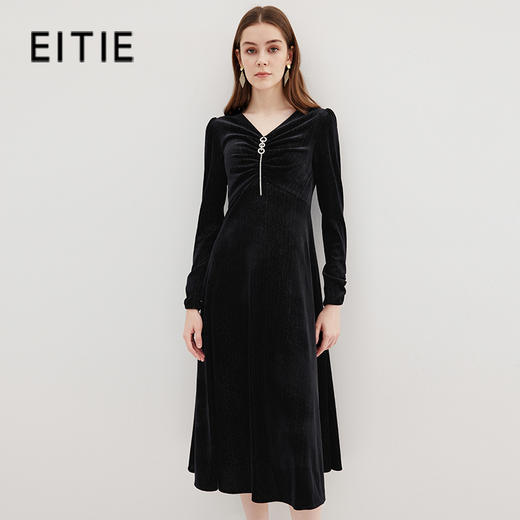 EITIE爱特爱秋季新款气质V领收腰显瘦A摆连衣裙C2307264 商品图0