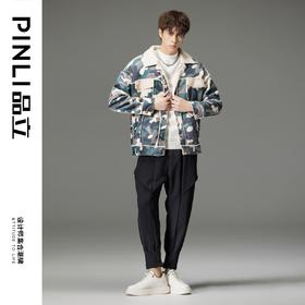 PINLI品立秋冬新品迷彩翻领加绒夹克男士工装仿羊羔毛潮外套B233104049