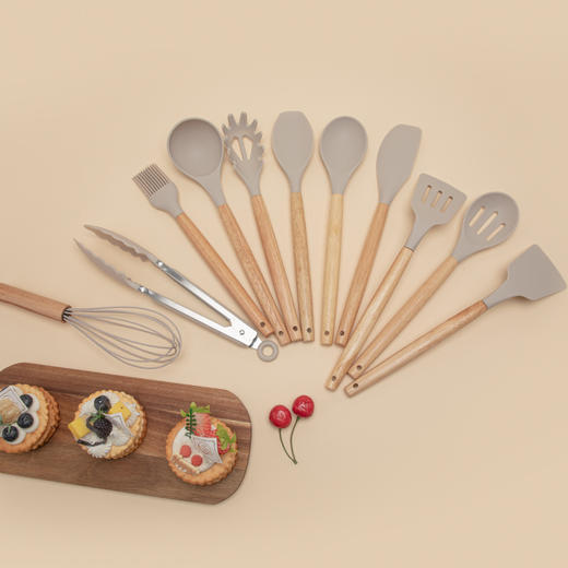 【十二件套，厨房必备！】木柄硅胶厨具套装12件套，烘焙工具收纳桶，不粘锅铲厨房用具烹饪套装 商品图2