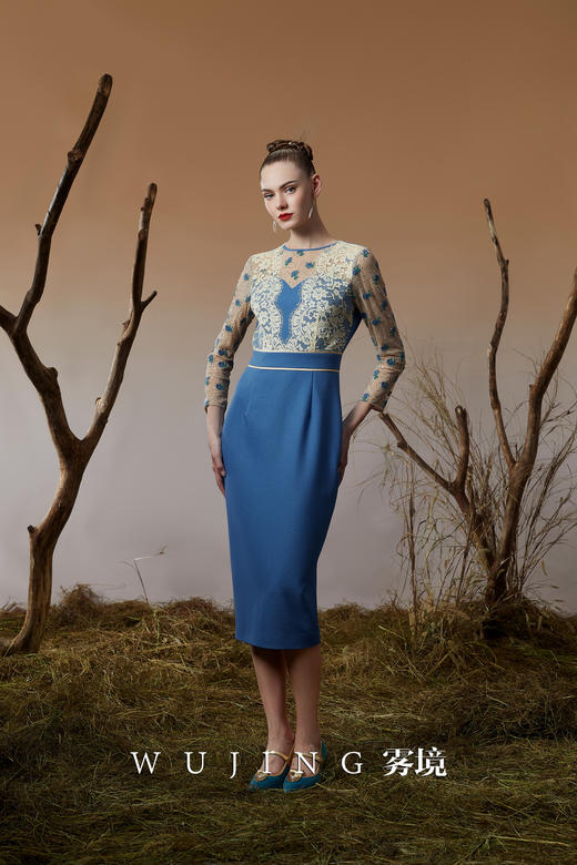 3203030 青蓝冰水 进口亮丝斜纹\股线亮片刺绣网纱连衣裙 雾境 商品图2