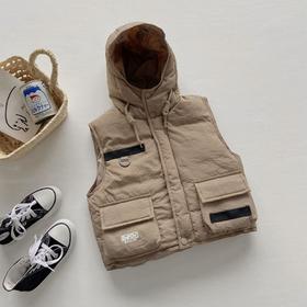 【高质量的羽绒棉材料，良好的保暖舒适！】童洛可2023秋冬新款工装羽绒棉马甲中大童帅气连帽背心休闲坎肩童