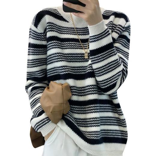 撞色复古条纹羊毛衫2023秋冬新款女士圆领宽松厚款长袖套头针织衫 商品图4