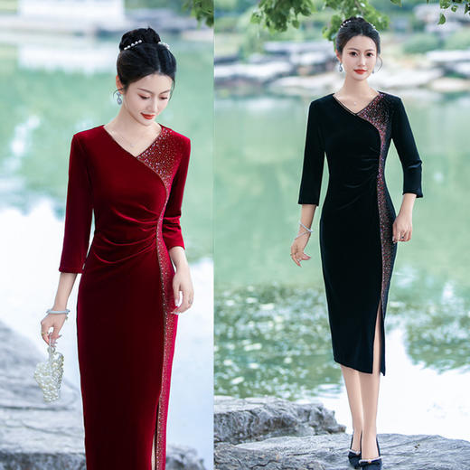 GX时尚改良中式丝绒烫钻V领大码旗袍 2023新款低领婚礼敬酒服 商品图0