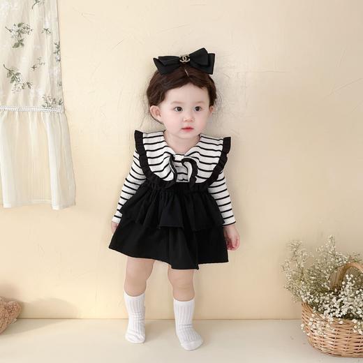 【翻领设计，可爱与时尚！】ins春秋款婴幼儿童女宝宝条纹翻领大蝴蝶结长袖哈衣半身裙两件套 商品图2