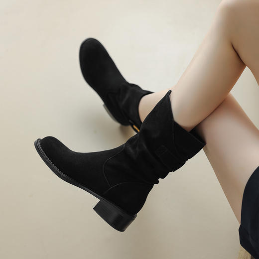 阿么手工女鞋复古粗跟秋冬厚底加绒堆堆靴5CM皮扣短靴西部靴百搭 商品图3