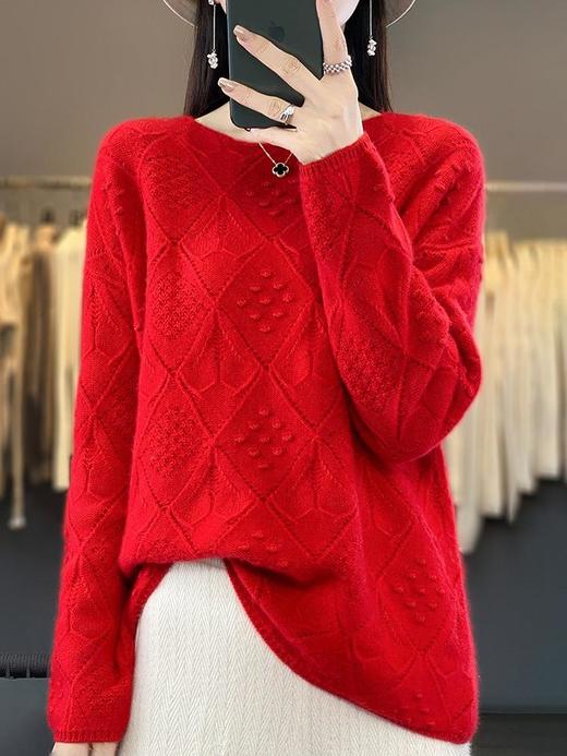 2023年秋冬新款韩版女士纯羊毛圆领长袖菱形针织纯色套头羊毛衫 商品图2