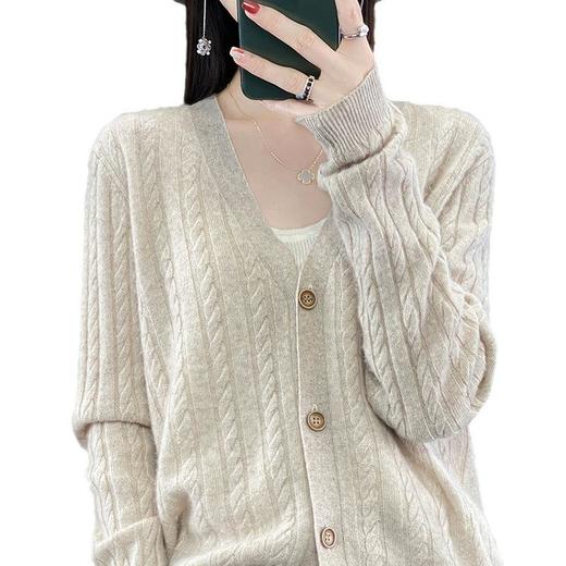 2023年秋冬新款韩版女士纯羊毛螺纹针织长袖纯色外搭女士羊毛开衫 商品图4