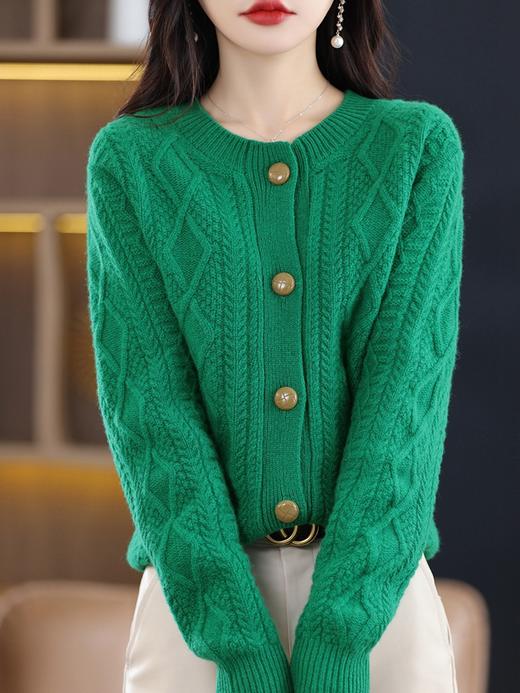 纯色针织开衫，新款韩版女士圆领长袖针织开衫女式外搭毛衣镂空QH-ZD-059 商品图1