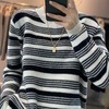 撞色复古条纹羊毛衫2023秋冬新款女士圆领宽松厚款长袖套头针织衫 商品缩略图3