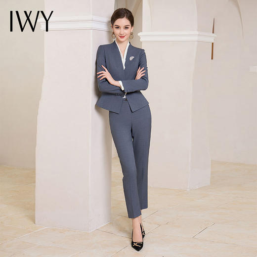 IWY/灰蓝色秋冬职业西服套装女售楼部工装气质西服两件套修身工装CP1858 商品图0