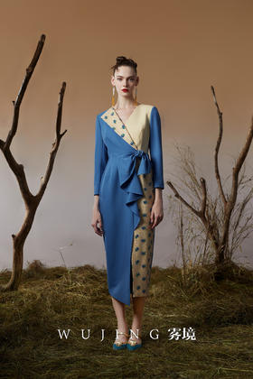 3203028 青蓝冰水 进口亮丝斜纹 股线亮片刺绣网纱连衣裙 雾境