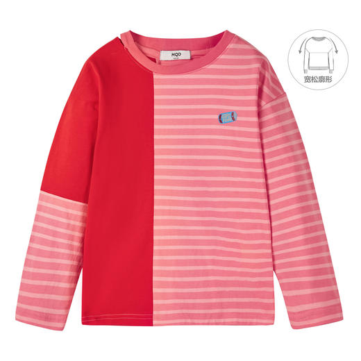 【MQD】童装女童T恤春秋季新款字母条纹拼接圆领宽松胶印落肩上衣 商品图3