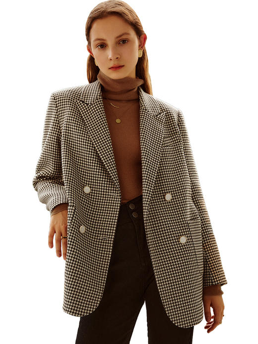 欧芮儿千鸟格外套女春季新款2022宽松显瘦时尚休闲中长款西装大衣 商品图3