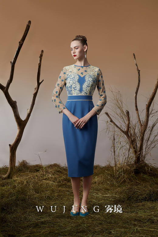 3203030 青蓝冰水 进口亮丝斜纹\股线亮片刺绣网纱连衣裙 雾境 商品图1