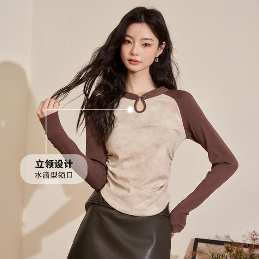 西遇新中式长袖上衣女新款插肩袖改良国风收腰短款T恤11738152 商品图3