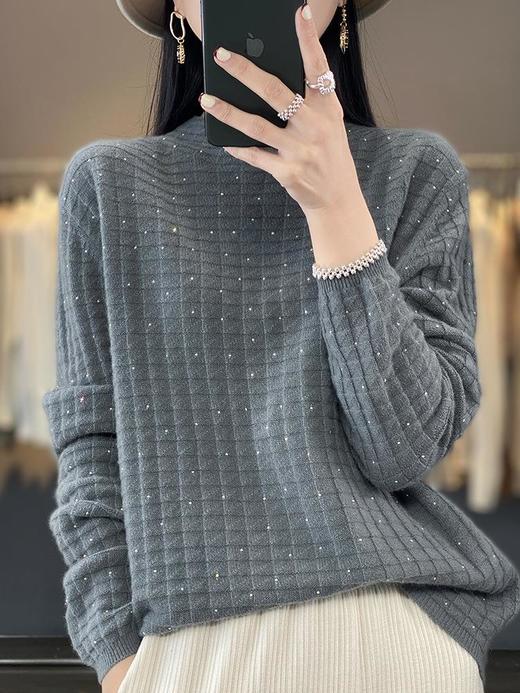 2023年秋冬新款韩版女士纯羊毛圆领长袖格子纯色宽松打底羊毛衫 商品图2