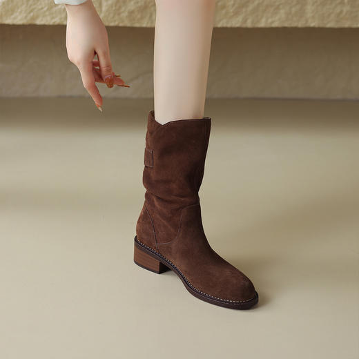 阿么手工女鞋复古粗跟秋冬厚底加绒堆堆靴5CM皮扣短靴西部靴百搭 商品图2