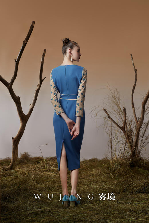 3203030 青蓝冰水 进口亮丝斜纹\股线亮片刺绣网纱连衣裙 雾境 商品图5