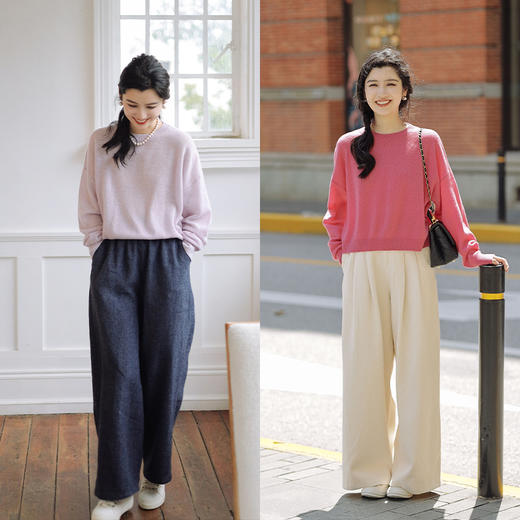 绽放783朵/六色100%山羊绒圆领微透慵懒风长袖套头宽松毛衣针织衫 商品图3