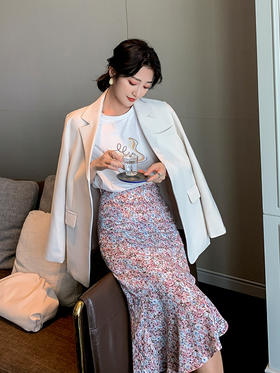 欧芮儿碎花鱼尾半身裙2020早秋气质优雅中长款高腰不规则A字裙