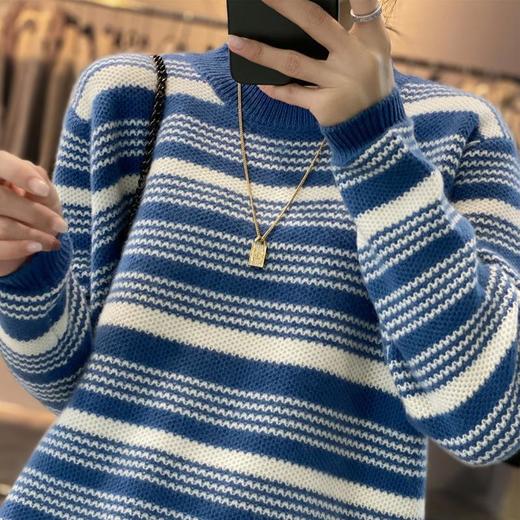 撞色复古条纹羊毛衫2023秋冬新款女士圆领宽松厚款长袖套头针织衫 商品图1
