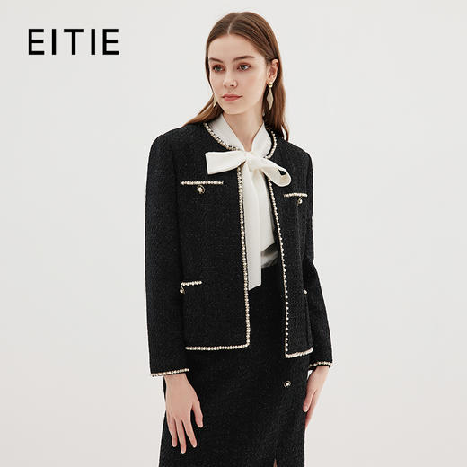 EITIE爱特爱精致千金感黑色通勤直筒小香风粗花呢外套秋季新款C2303210 商品图0