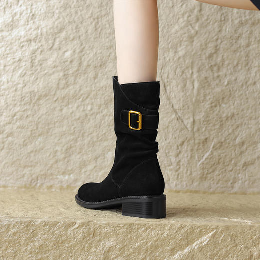 阿么手工女鞋复古粗跟秋冬厚底加绒堆堆靴5CM皮扣短靴西部靴百搭 商品图1