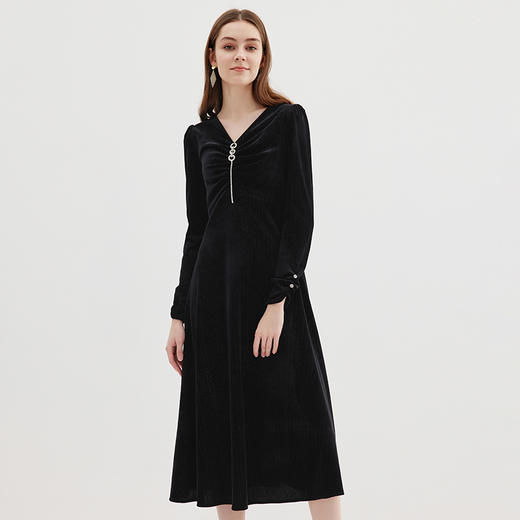 EITIE爱特爱秋季新款气质V领收腰显瘦A摆连衣裙C2307264 商品图3