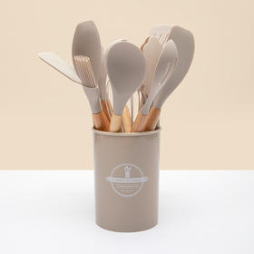 【十二件套，厨房必备！】木柄硅胶厨具套装12件套，烘焙工具收纳桶，不粘锅铲厨房用具烹饪套装