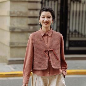 绽放719朵/宽松精致复古新中式盘扣花色V领粽子扣袢羊毛马甲