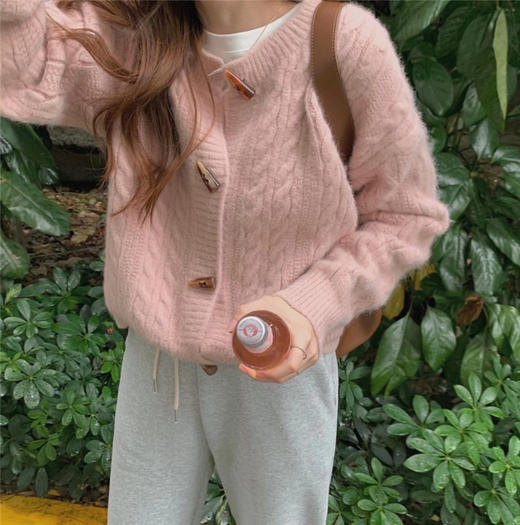【设计精致，日系风情！】日系牛角扣短款麻花毛衣女秋冬新款针织开衫外套圆领纯色针织衫女lm 商品图5
