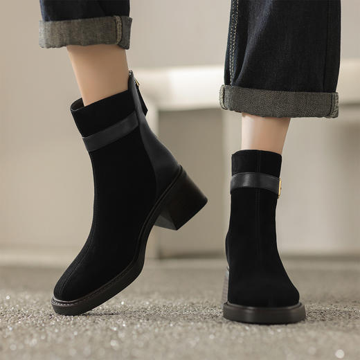 阿么手工女鞋冬季新款拼接真皮短靴复古粗跟5CM时尚英伦风靴子女 商品图2