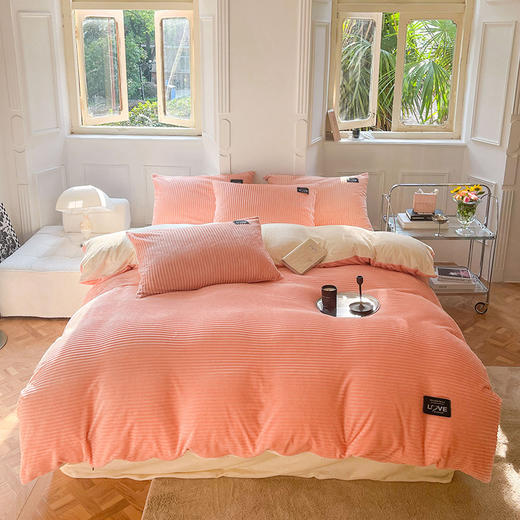 冬季爆款【条纹法兰绒四件套床品】 A类品质保暖亲肤 牛奶珊瑚绒 双面加绒被套 加厚毛绒三件套床单 商品图6