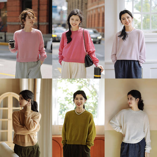 绽放783朵/六色100%山羊绒圆领微透慵懒风长袖套头宽松毛衣针织衫 商品图1