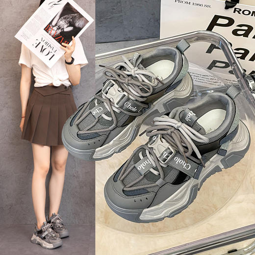 「两款配色！厚底老爹鞋」秋款韩版休闲运动鞋 女搭扣跑步鞋 商品图0