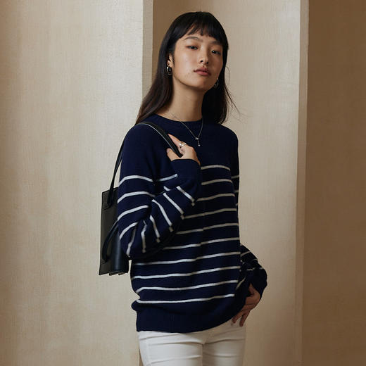 IN AND ON 100%绵羊毛 INS风条纹针织圆领毛衣53647 商品图1