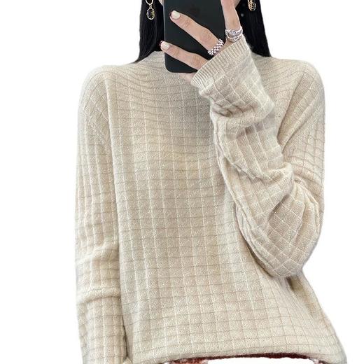2023年秋冬新款韩版女士纯羊毛圆领长袖格子纯色宽松打底羊毛衫 商品图4