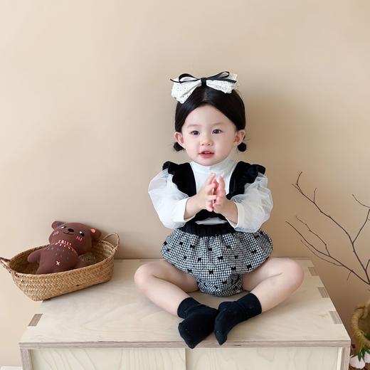 【柔软的面料，亲肤般的触感！】婴儿衣服秋款千鸟格蝴蝶结背带包屁哈衣套装婴儿泡泡袖打底两件套 商品图1