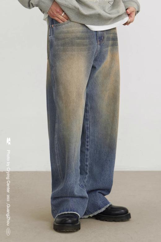 CryingCenter 深蓝复古落色修饰长腿显瘦直筒牛仔长裤 哭喊中心 商品图3