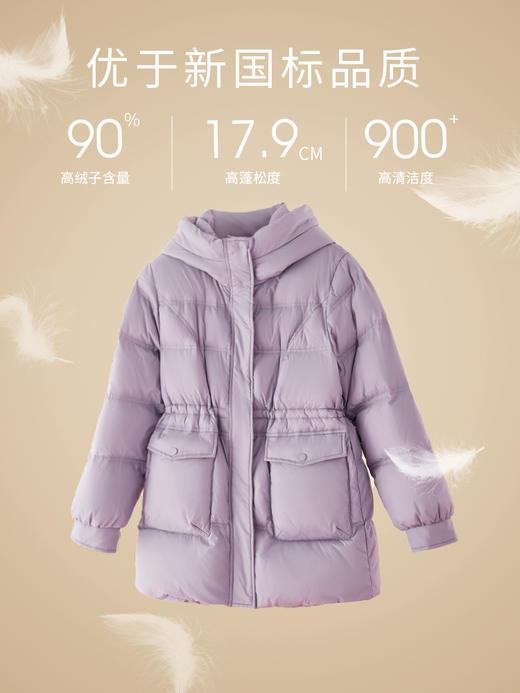 【1件62折】熙世界紫色羽绒服女冬季2024年新款中长款90鸭绒立领连帽收腰外套 商品图2