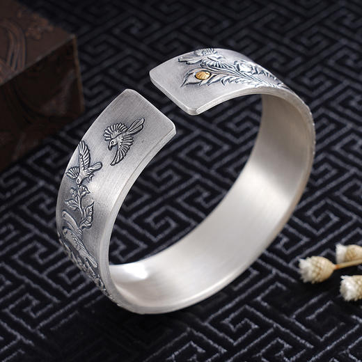 子佩集S999银【百鸟朝凤】手镯【YS019】带金色嵌真金2309 商品图7