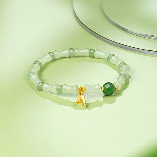 周六福黄金和田玉手链女款和田玉石金竹玉叶手串送女友礼物 商品图2